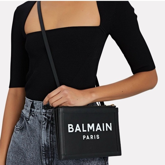 ‼️WOW‼️ BALMAIN PARIS B-Army 26 Logo Leather Crossbody Handbag Purse Black - Picture 8 of 14